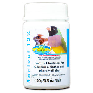 Ronivet 12% for treatment of canker and other protozoal infections in birds 100g