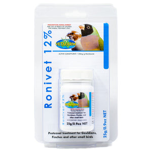 Ronivet 12% for treatment of canker and other protozoal infections in birds 25g