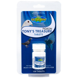 Tony's Treasures for treatment of respiratory distress, canker, sinusitis, air sacculitis, enteritis, diarrhoea and weight loss in pigeons 100 tablets